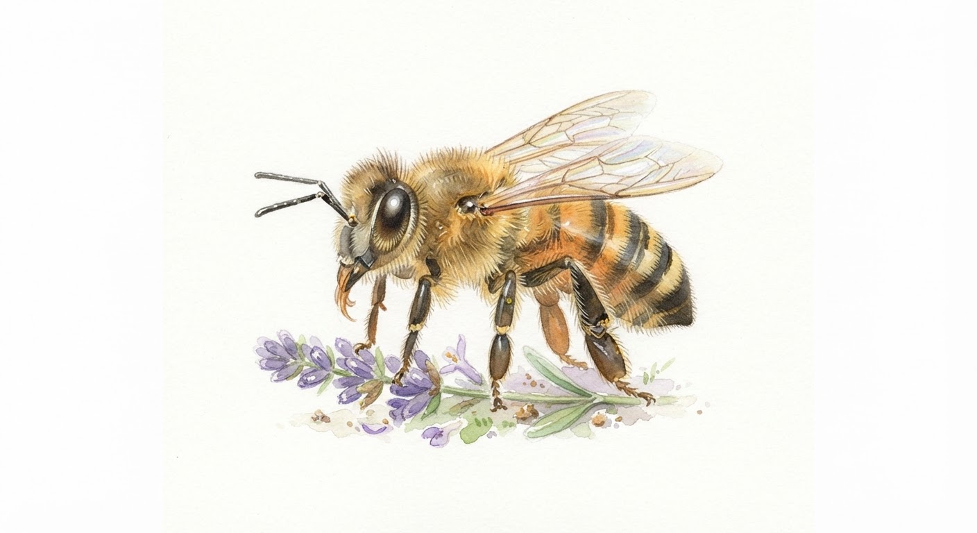 Illustrazione naturalistica a colori di ape (Apis mellifera)