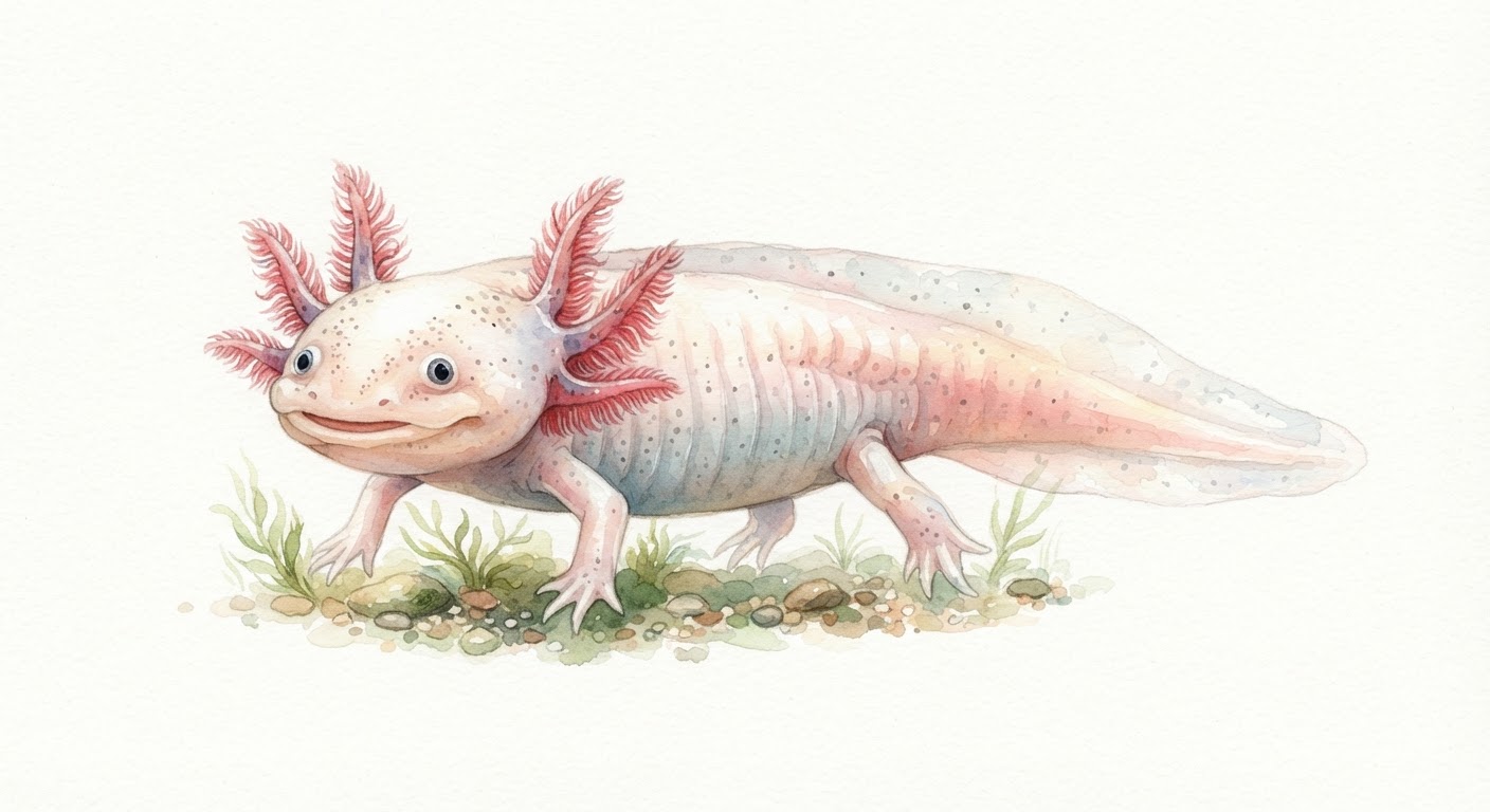 Illustrazione naturalistica a colori di axolotl (Ambystoma mexicanum)
