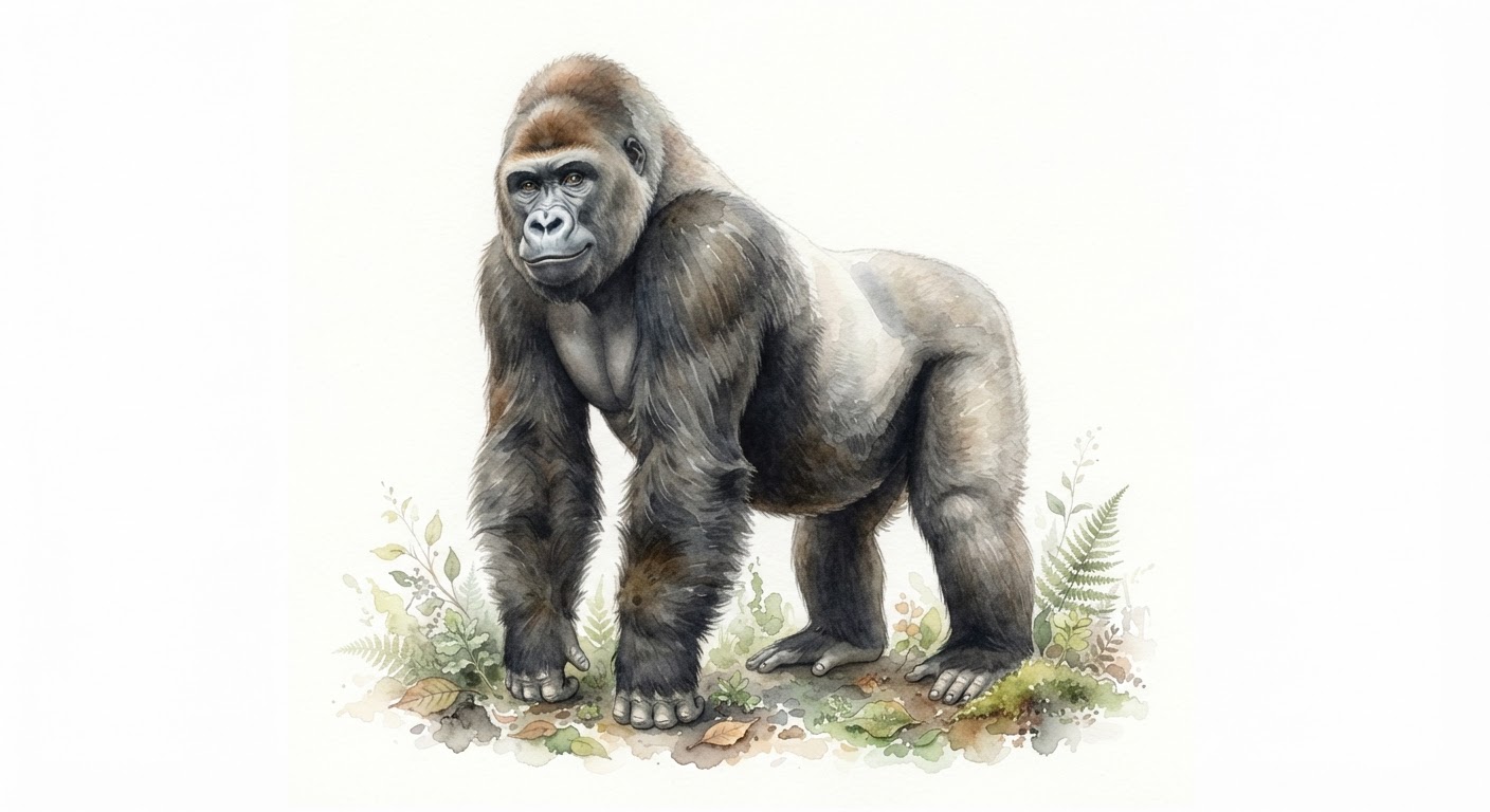 Illustrazione naturalistica a colori di gorilla (Gorilla beringei)