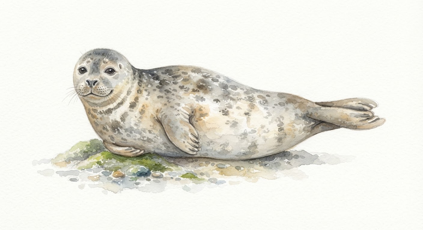 Illustrazione naturalistica a colori di foca comune (Phoca vitulina)