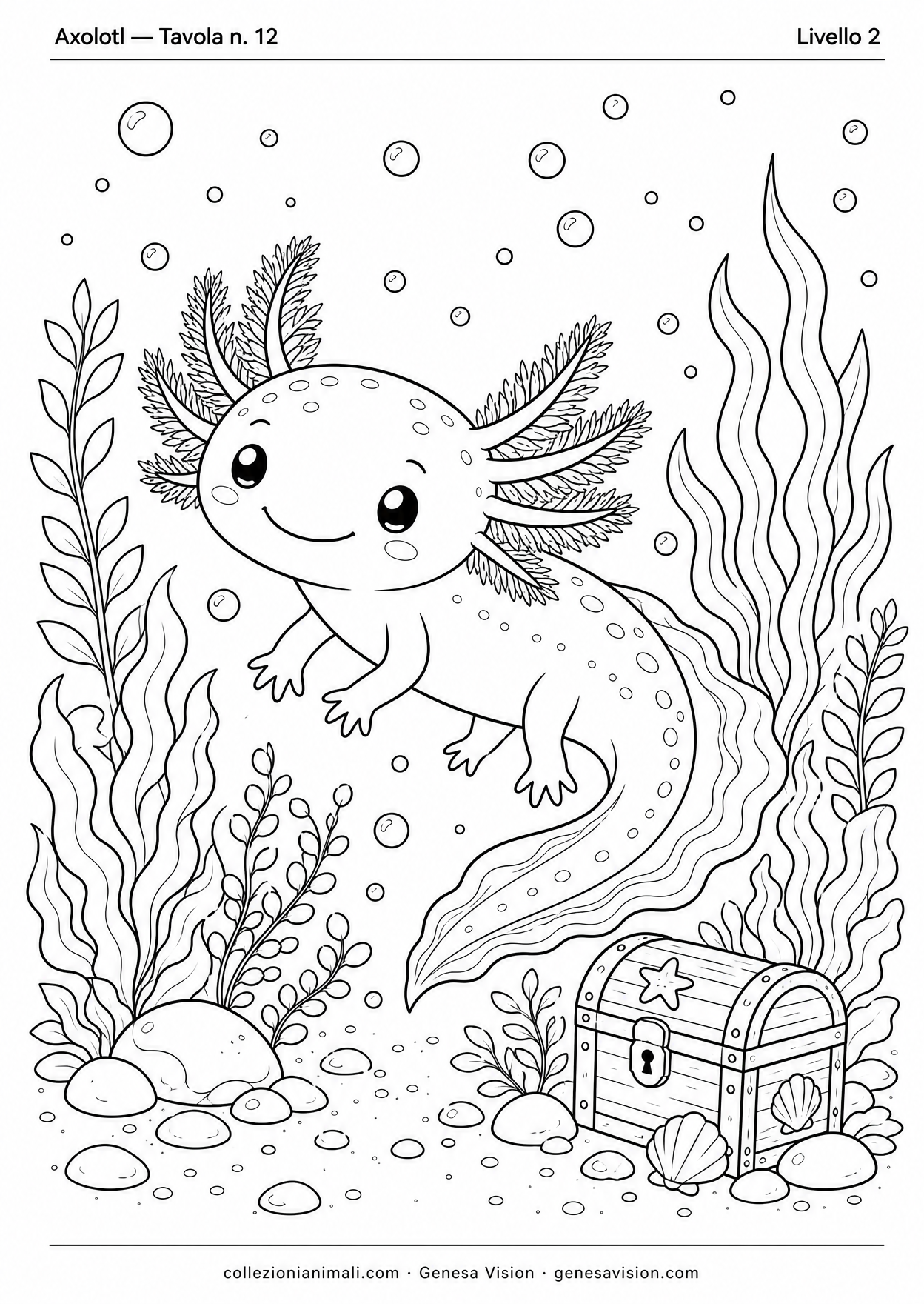 Disegno da colorare in formato A4: Axolotl da colorare — livello 2