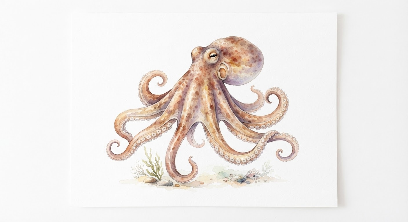 Illustrazione naturalistica a colori di polpo (Octopus vulgaris)