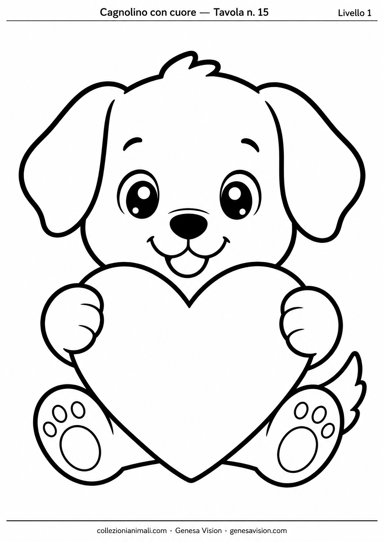 Anteprima del disegno da colorare del cagnolino con cuore in formato A4