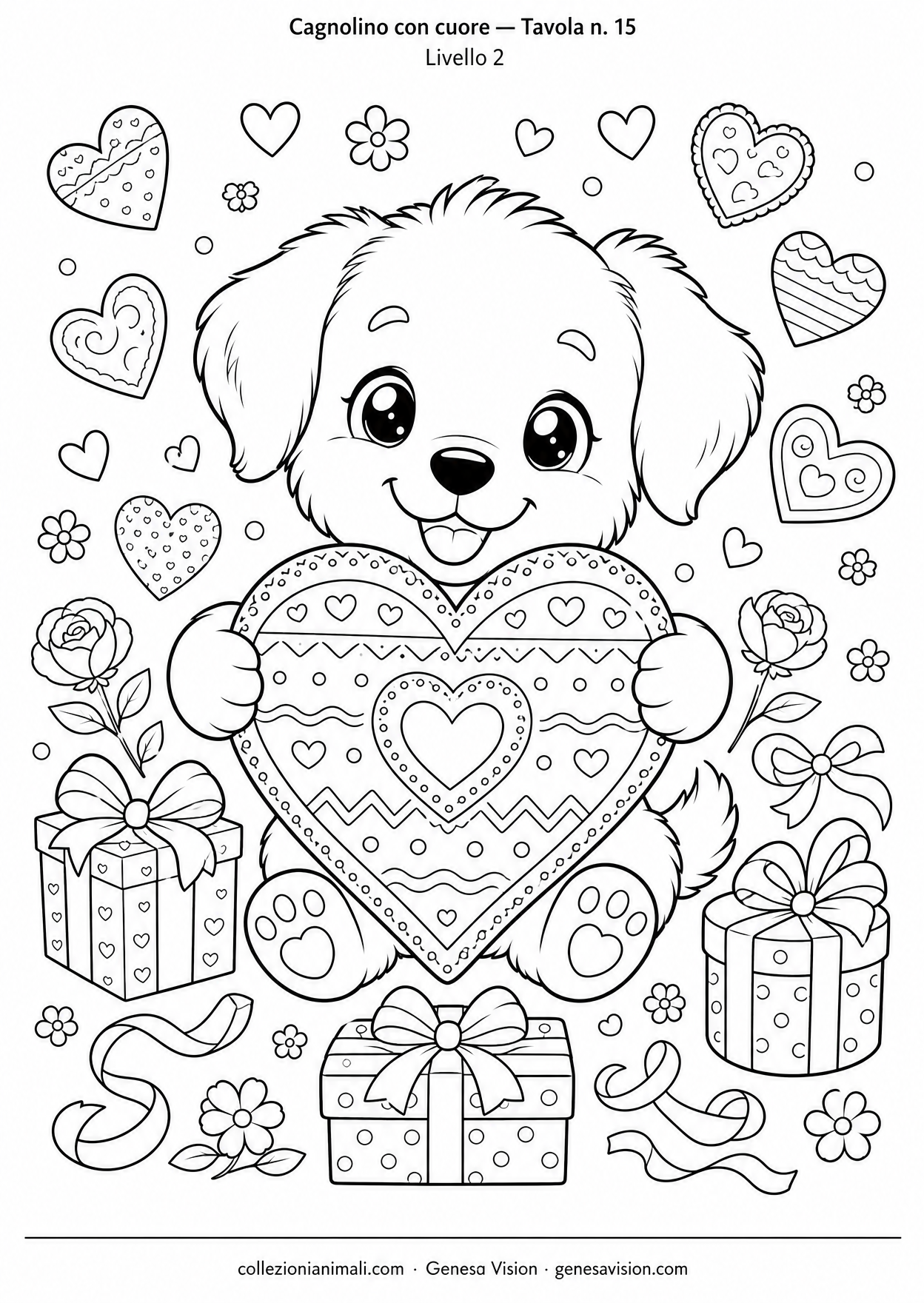 Disegno da colorare in formato A4: Cagnolino con cuore da colorare — livello 2