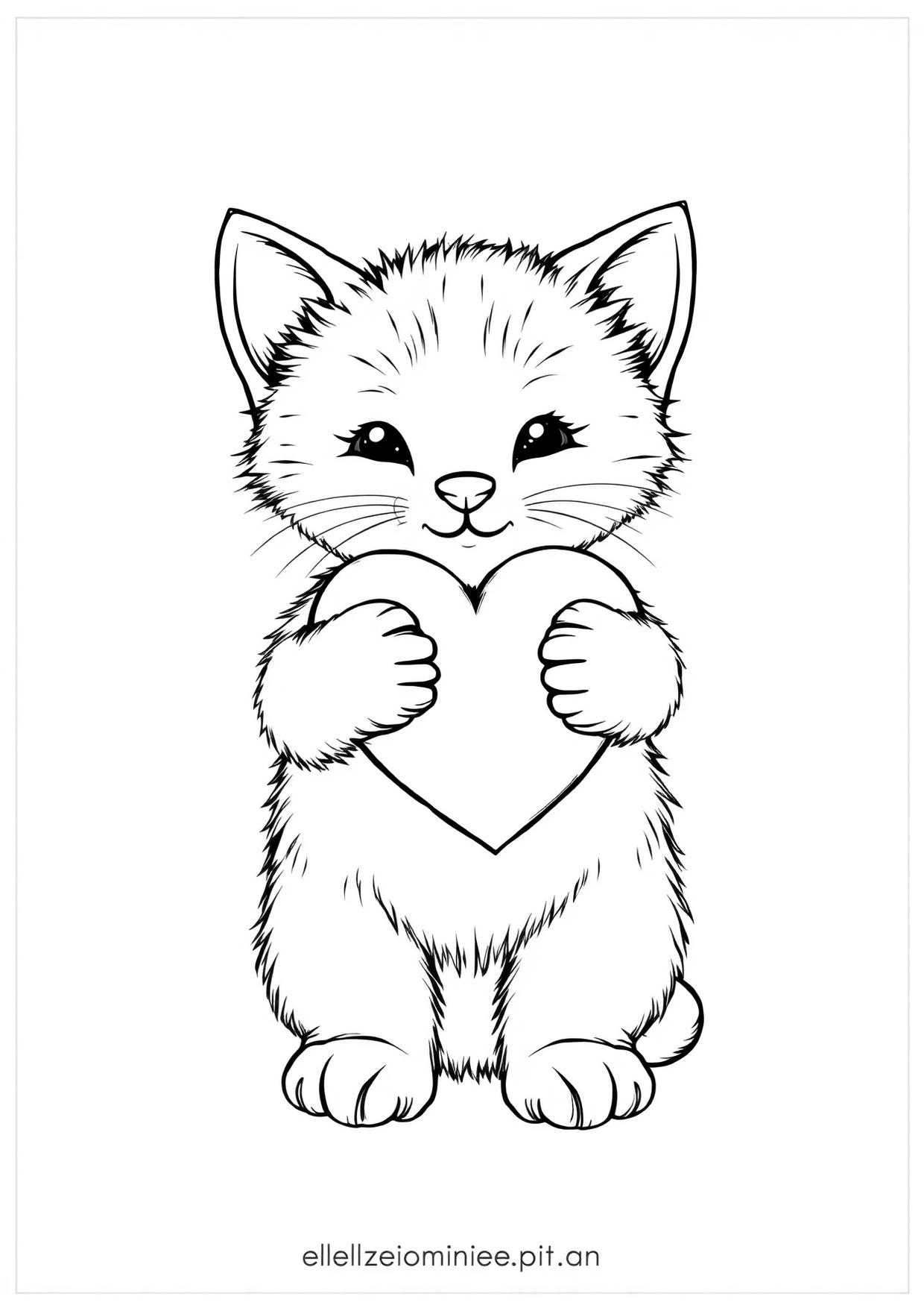 Disegno da colorare in formato A4: Gattino con cuore da colorare — livello 2