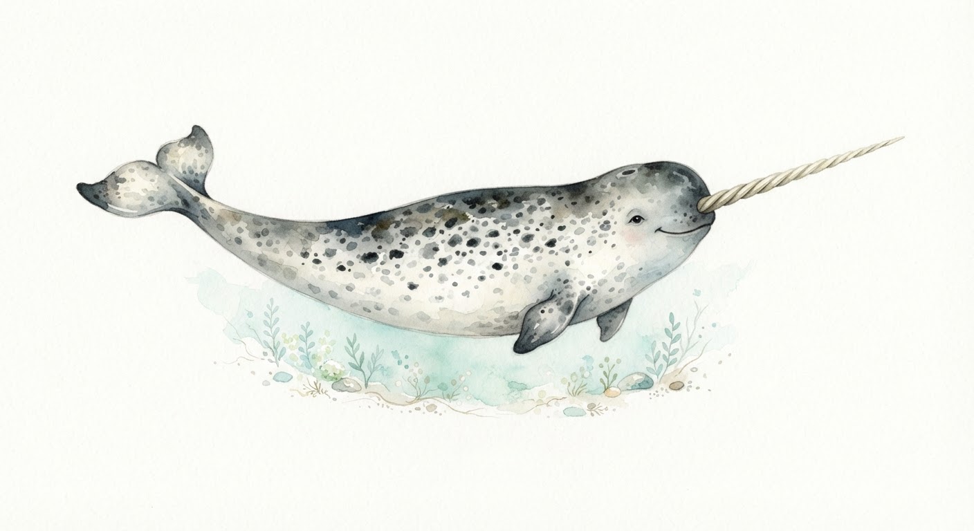 Illustrazione naturalistica a colori di narvalo (Monodon monoceros)