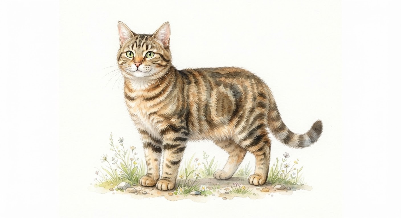 Illustrazione naturalistica a colori di gatto (Felis catus)
