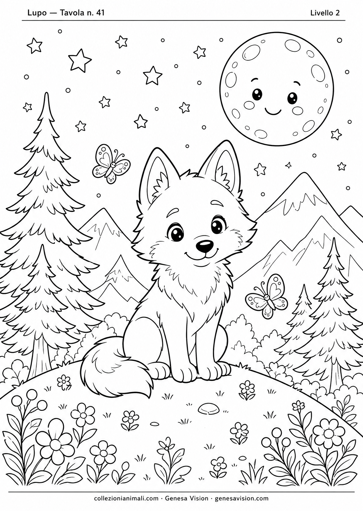Disegno da colorare in formato A4: Lupo da colorare — livello 2