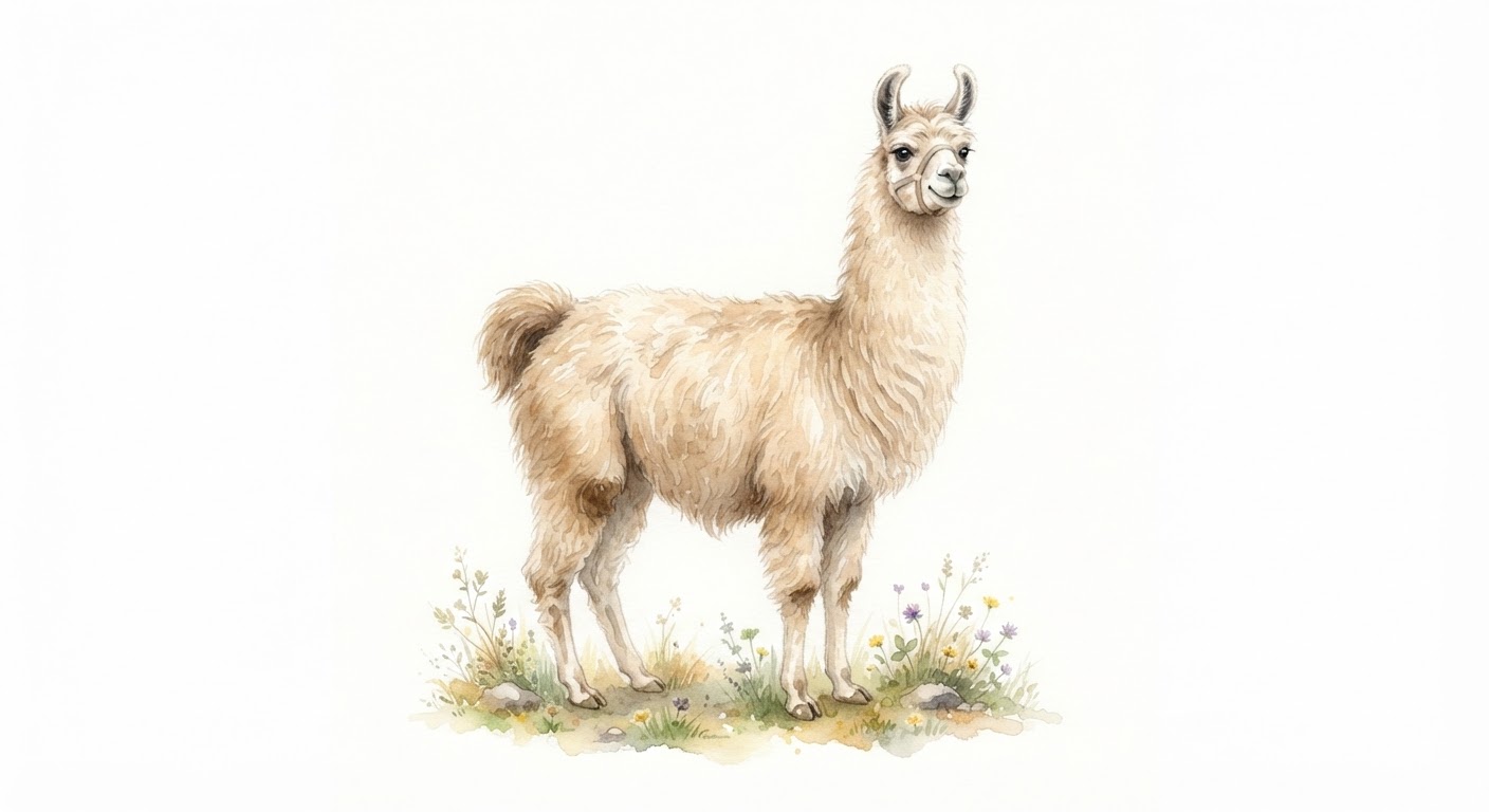 Illustrazione naturalistica a colori di lama (Lama glama)