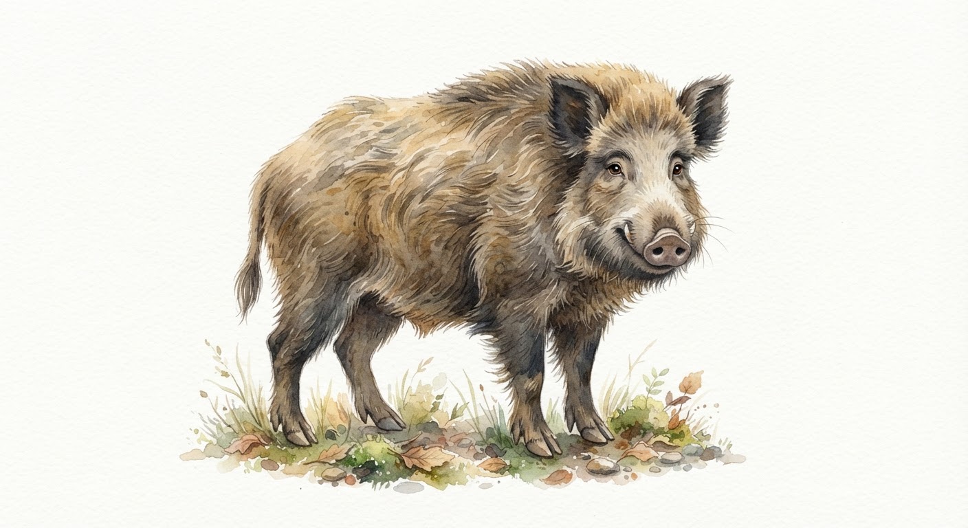 Illustrazione naturalistica a colori di cinghiale (Sus scrofa)