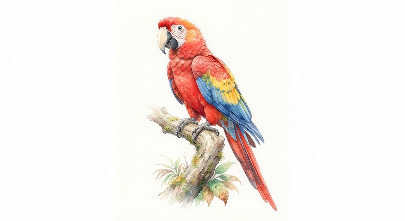 Illustrazione naturalistica a colori di ara scarlatta (Ara macao)