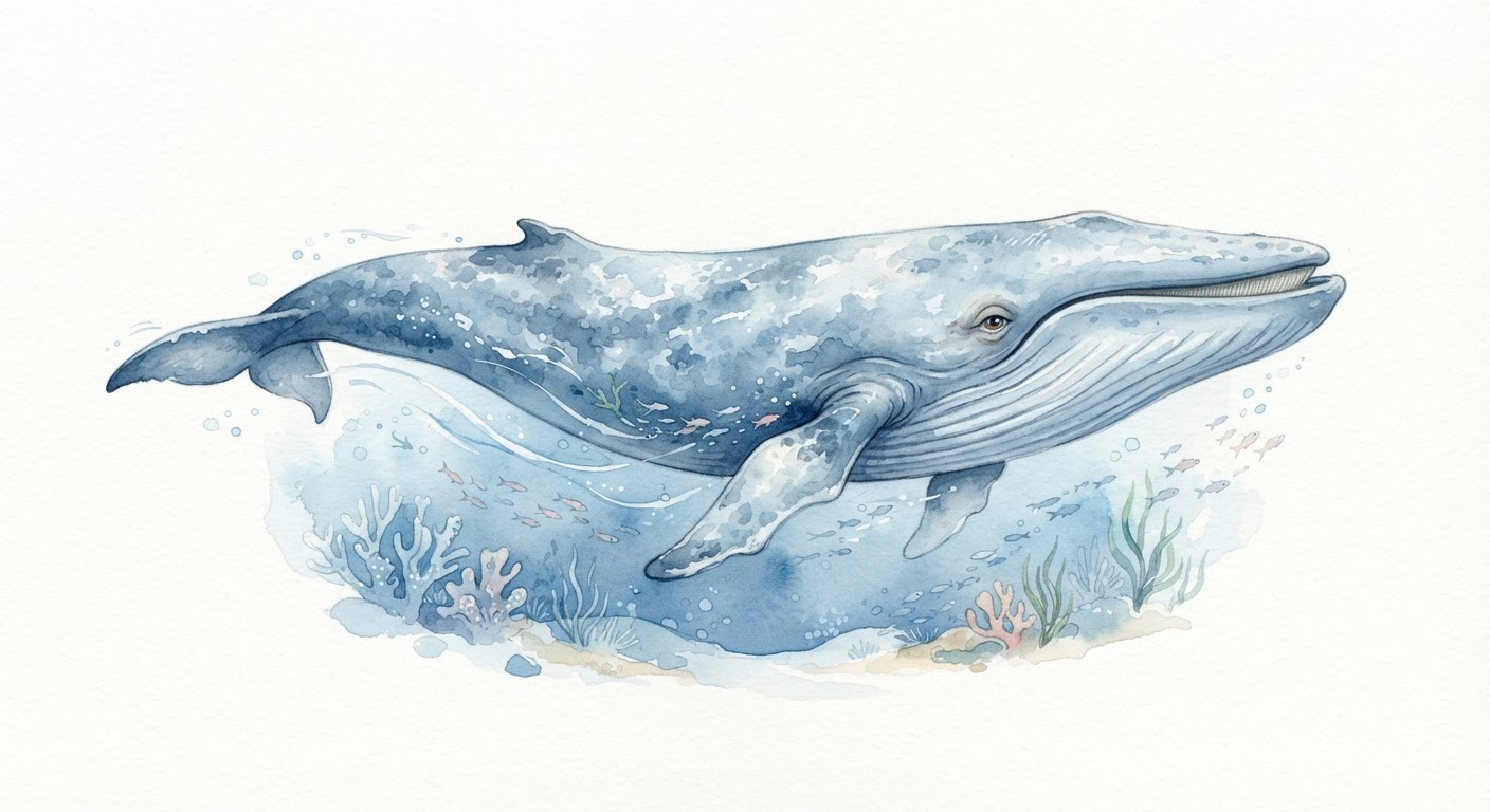 Illustrazione naturalistica a colori di balenottera azzurra (Balaenoptera musculus)