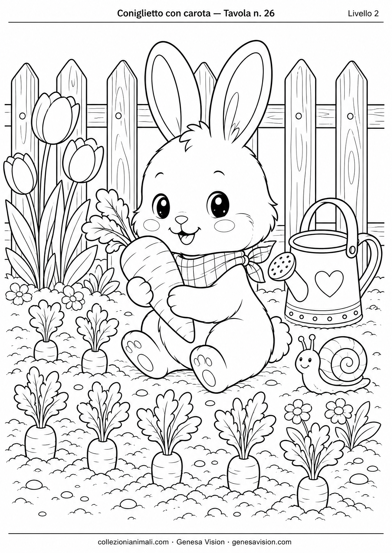 Disegno da colorare in formato A4: Coniglietto con carota da colorare — livello 2