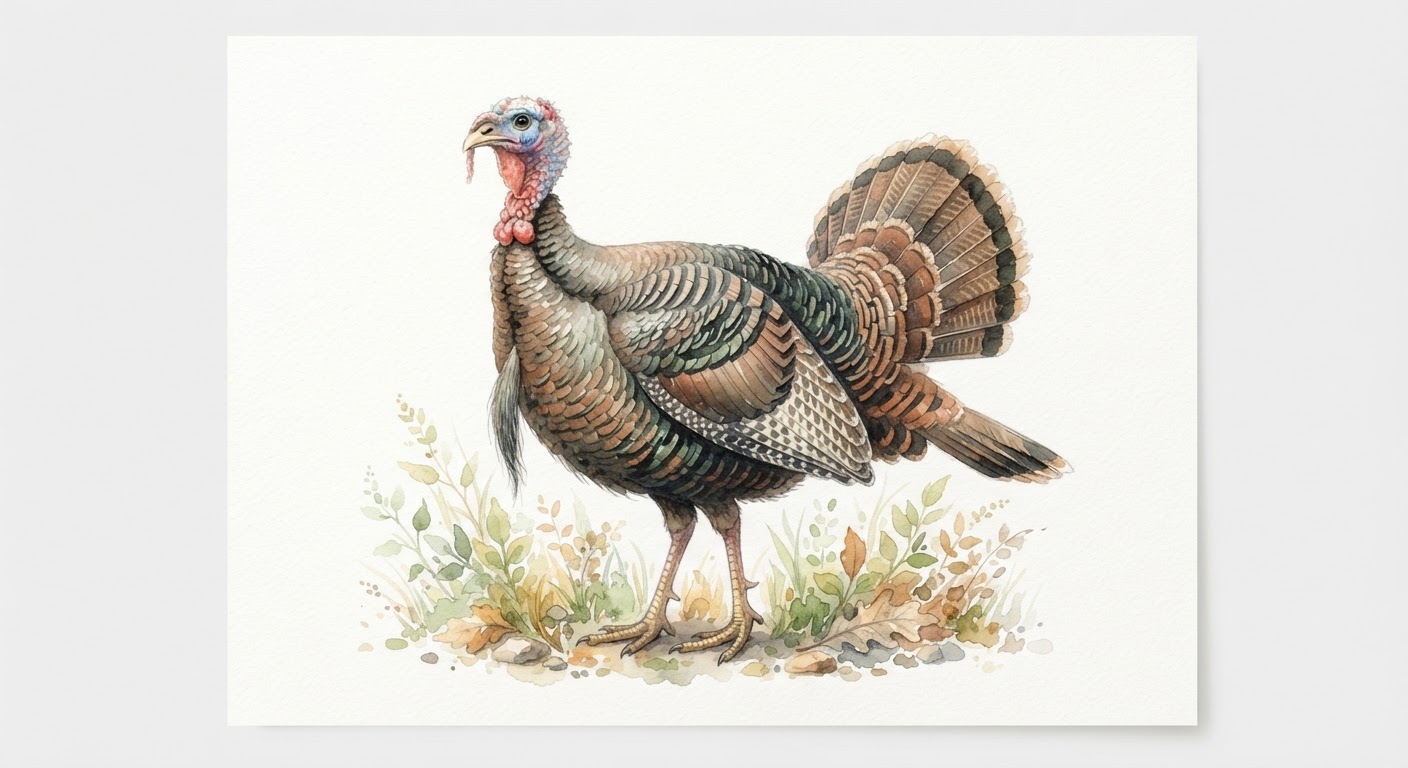 Illustrazione naturalistica a colori di tacchino (Meleagris gallopavo)