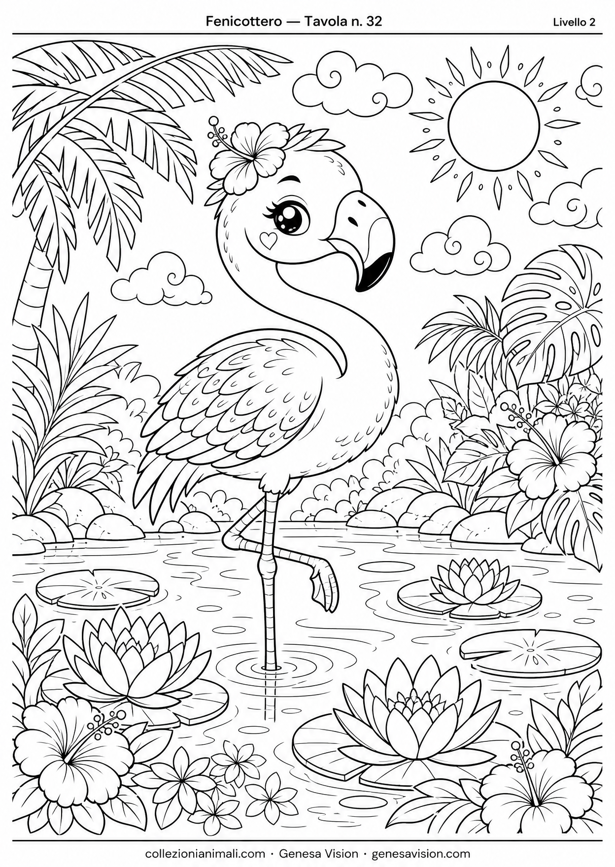 Disegno da colorare in formato A4: Fenicottero da colorare — livello 2