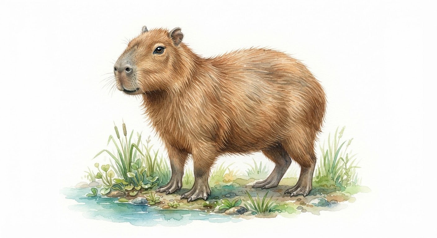 Illustrazione naturalistica a colori di capibara (Hydrochoerus hydrochaeris)
