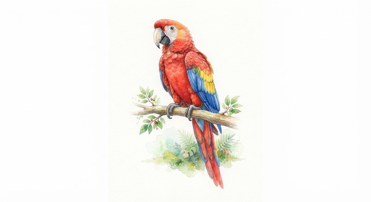 Illustrazione naturalistica a colori di pappagallo (Psittaciformes (ordine))