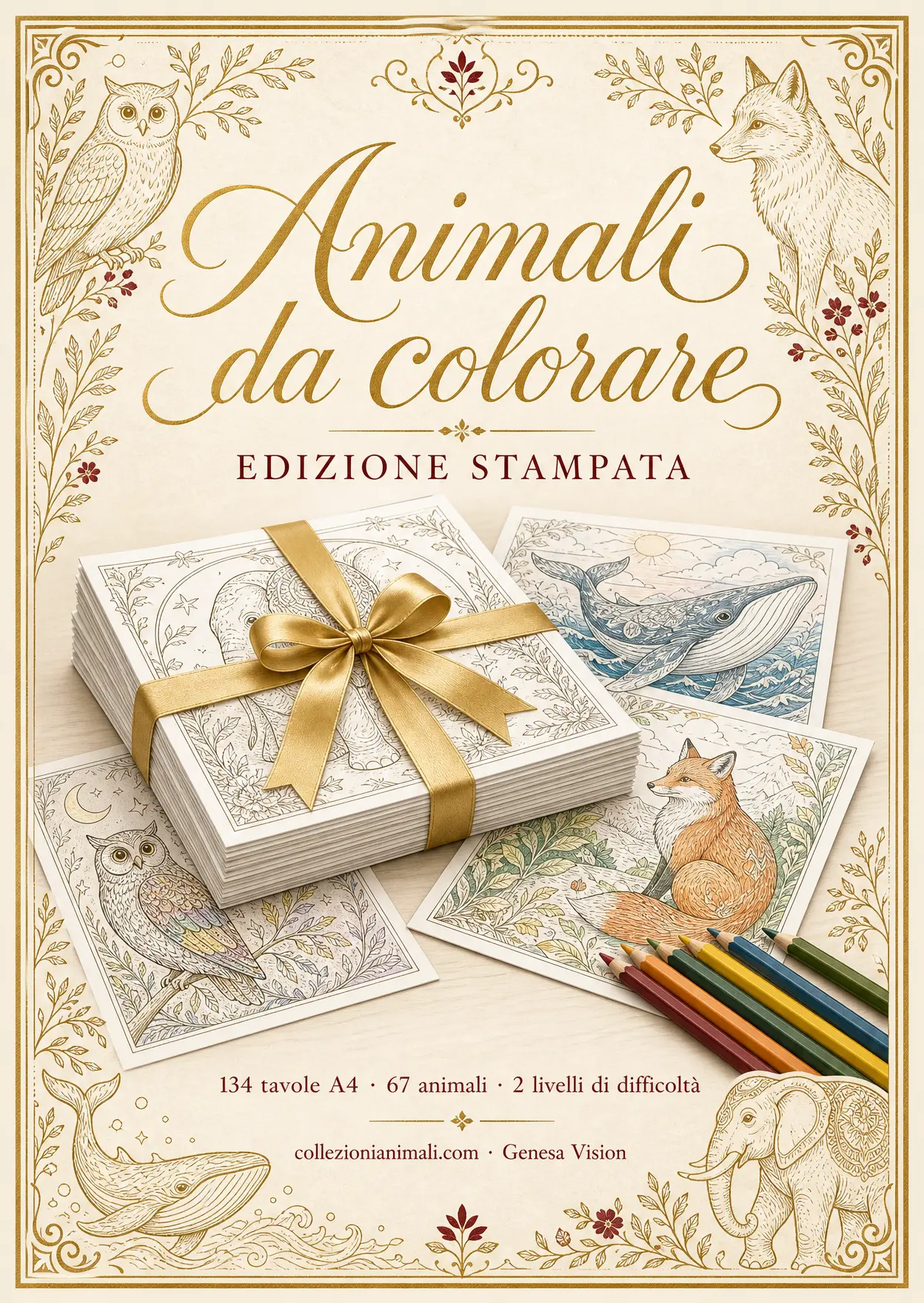 Copertina artistica dell'edizione stampata Animali da colorare con tavole A4 e nastro dorato