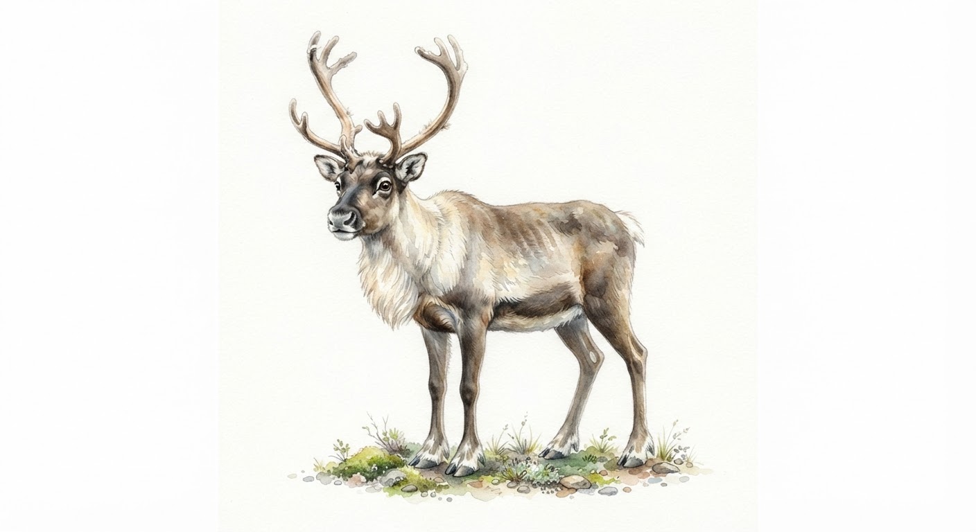 Illustrazione naturalistica a colori di renna (Rangifer tarandus)