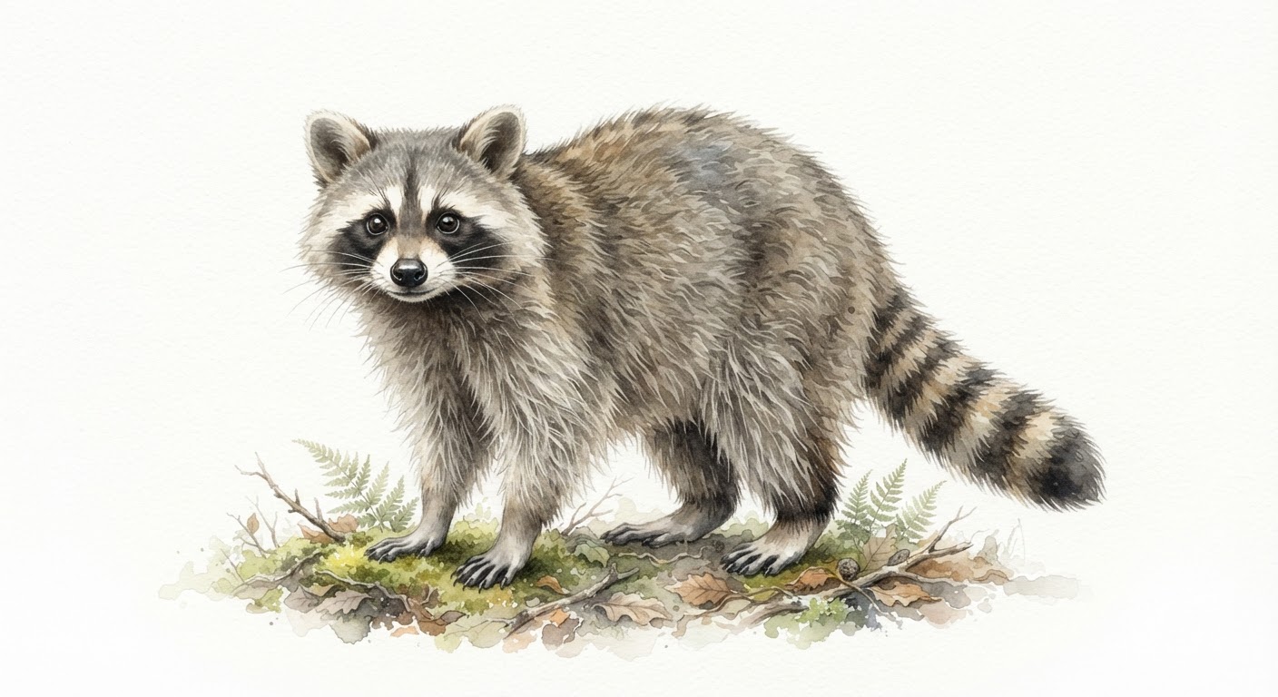 Illustrazione naturalistica a colori di procione (Procyon lotor)