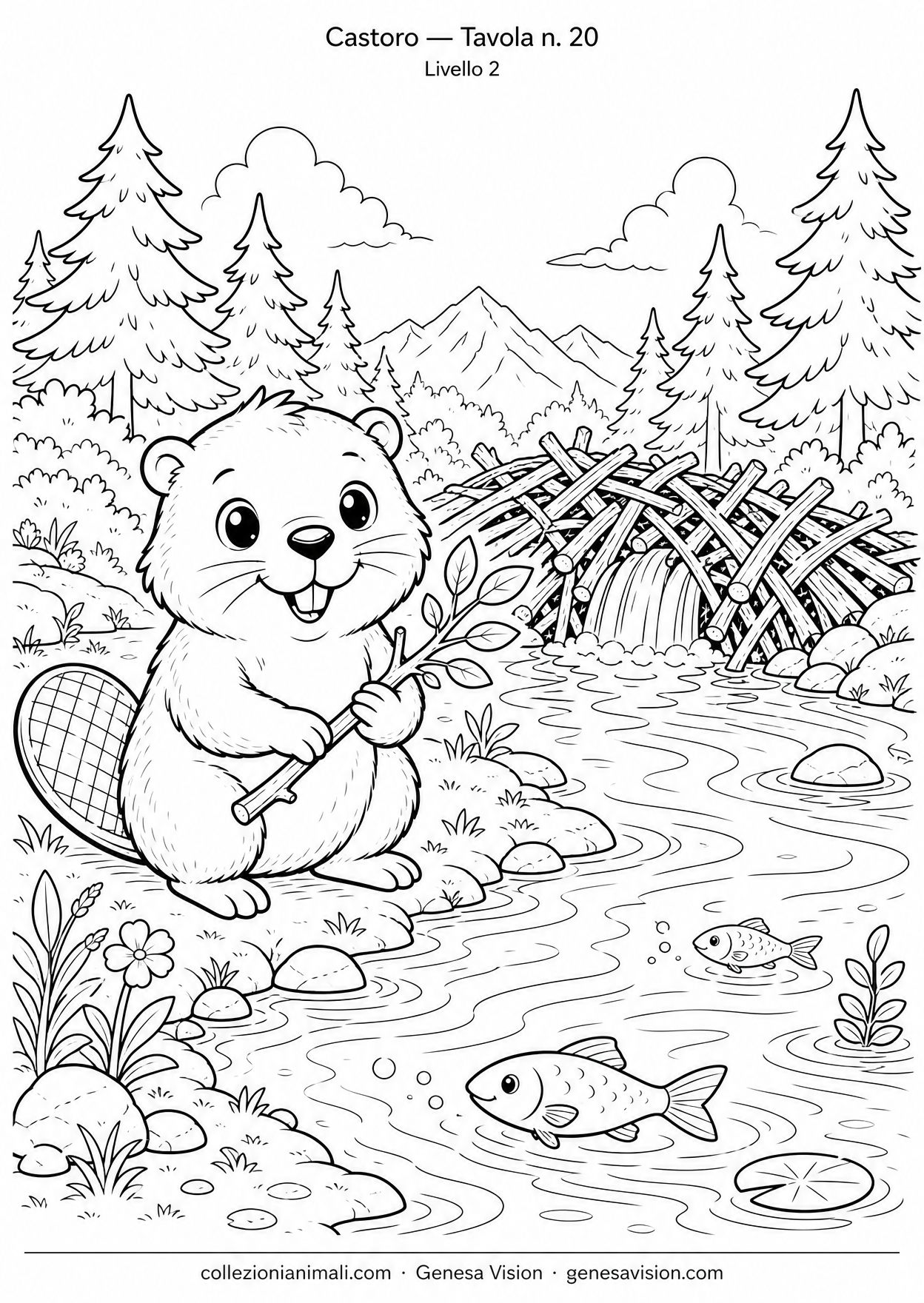 Disegno da colorare in formato A4: Castoro da colorare — livello 2