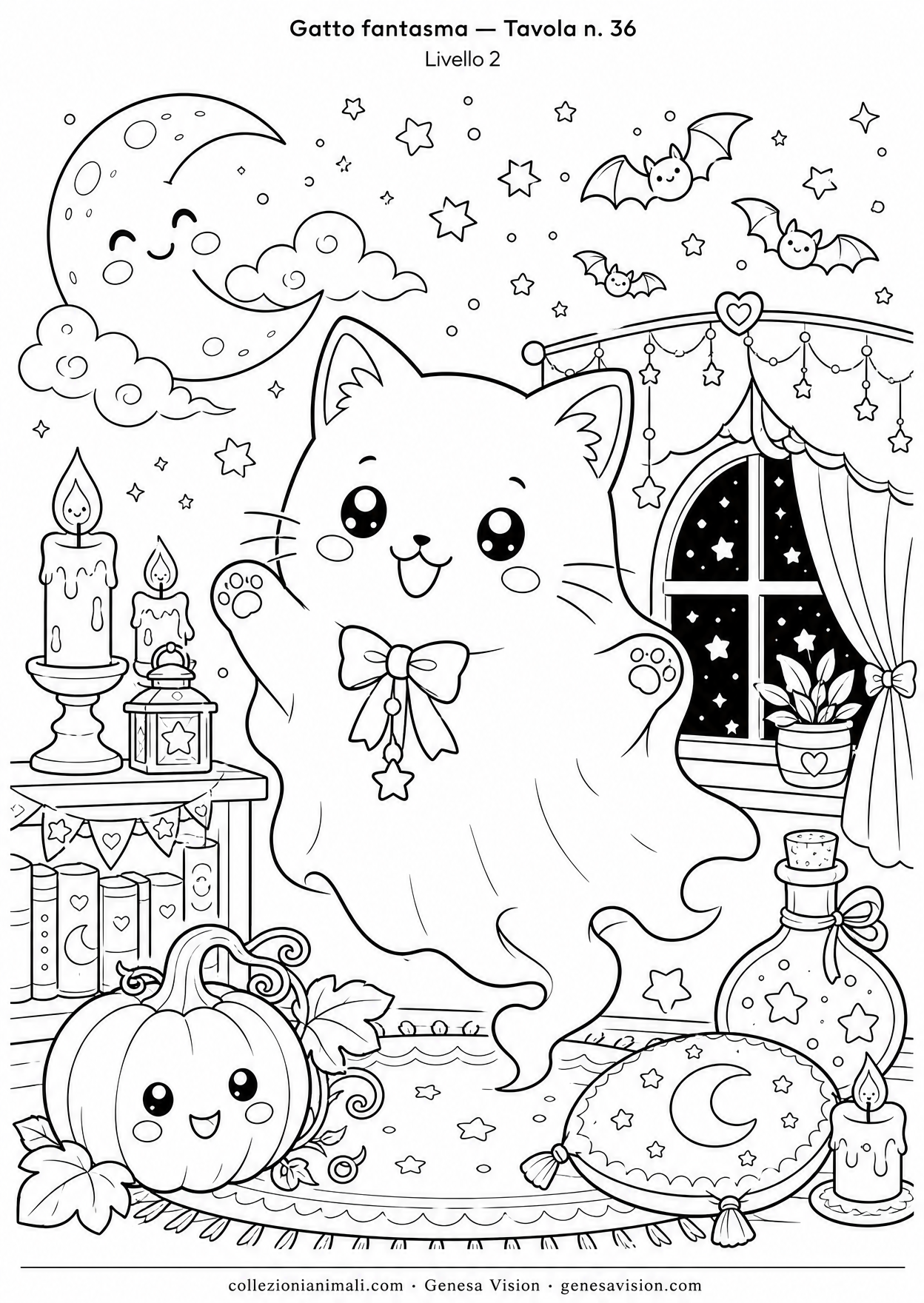 Disegno da colorare in formato A4: Gatto fantasma da colorare — livello 2
