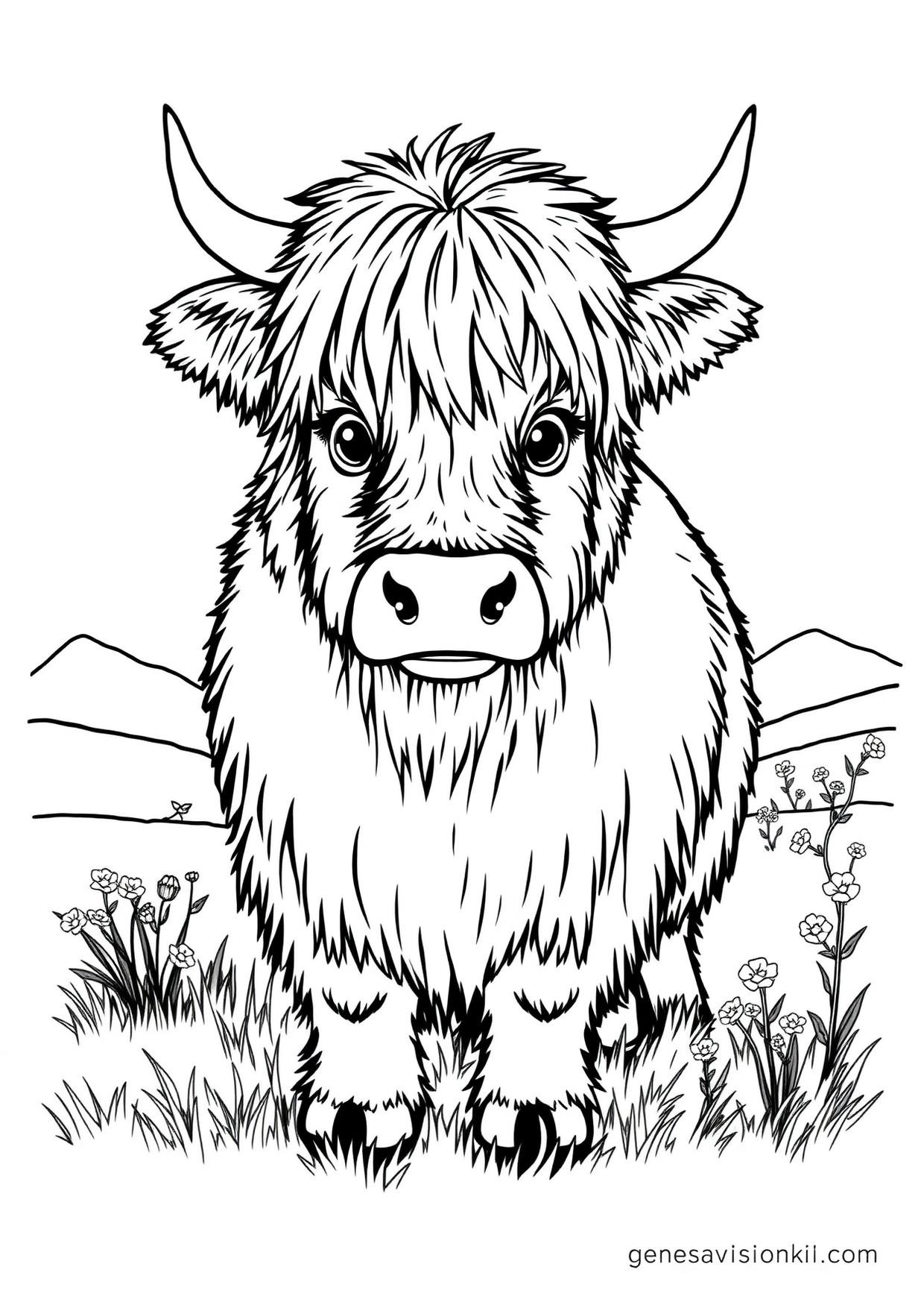 Disegno da colorare in formato A4: Mucca delle Highland da colorare — livello 2