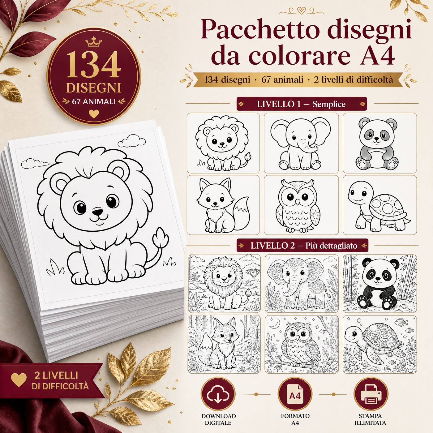 Mockup del pacchetto digitale Animali da colorare: tavole A4 con animali dolci da colorare