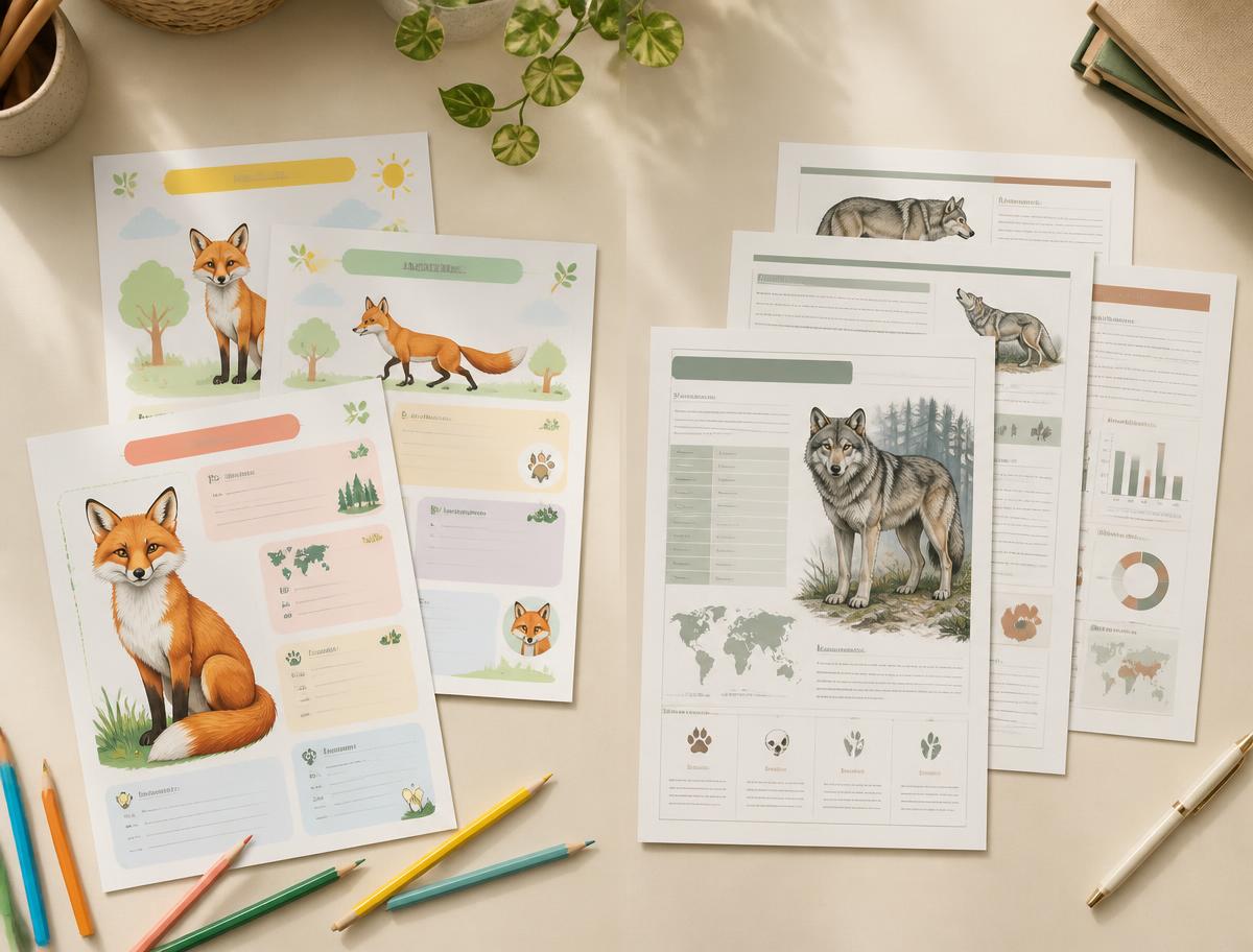 Schede didattiche A4 sugli animali: versione semplice per bambini e versione professionale con tabelle e dati